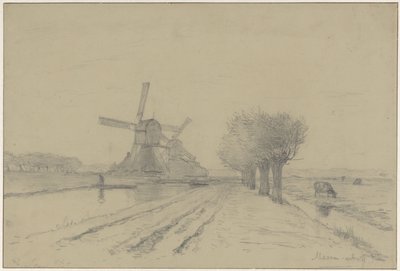 Il mulino rosso e il mulino Sluismolen lungo il canale Meentweg a De Meern da Willem Roelofs